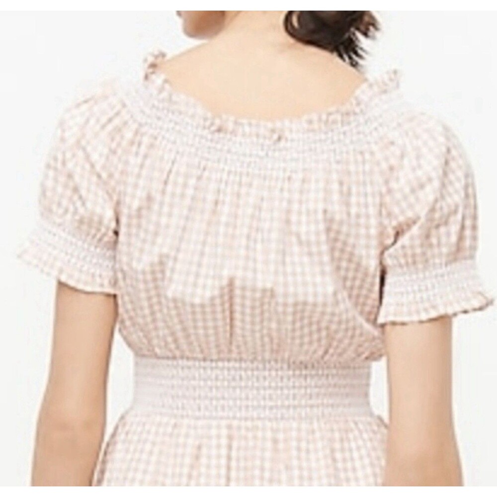 J.Crew Smocked 100% Cotton Puff-Sleeve Lined Poplin Dress Tan White Gingham Sz M - Picture 4 of 16